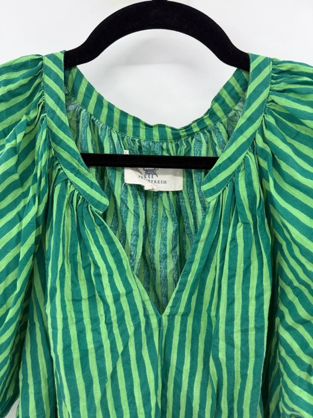 Printfresh Women's V-neck 100% Organic Cotton Puff Sleeve Top - Green Stripes M - Picture 2 of 6